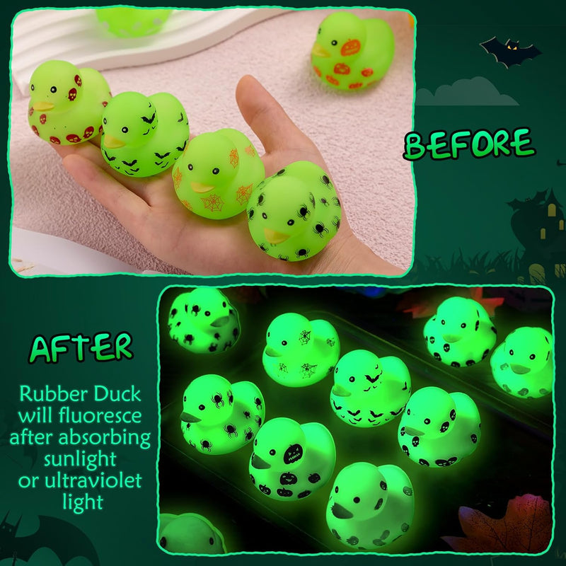 Jenaai Halloween Mini Glow in The Dark Ducks Light up Rubber Duckies, 6 Styles, Assorted Trick or Treat Tiny Float Squeak Bathtub Toys for Kid Birthday Baby Shower Pool Valentine Prize Reward (48)