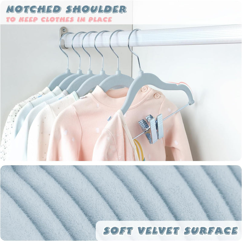 ManGotree 11.8'' Baby Velvet Hangers with Movable Clips, Non-slip Kids Clothes Hangers, Ultra-thin Space-saving Children's Felt Hangers for Shirts, Pants, Dresses, Skirts, Jackets (16 Pack, White)