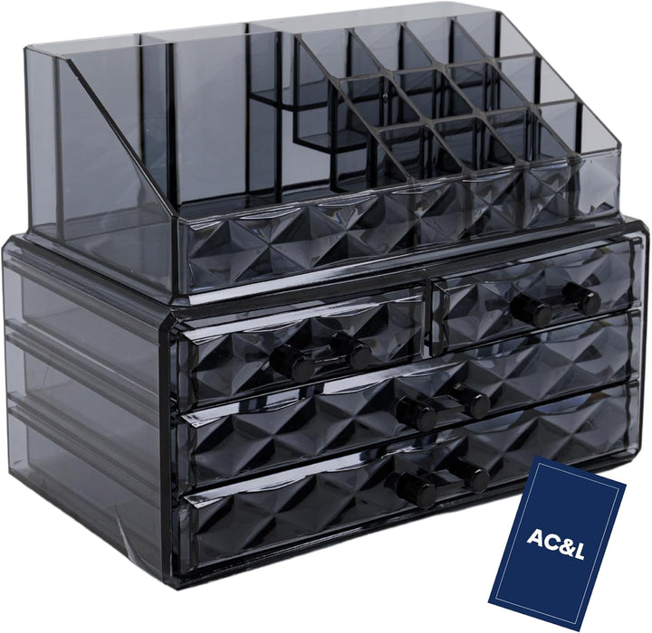 AC&L Makeup Organizer, Cosmetic Storage Display Box With 4 Drawers For Make Up, Brushes, Perfumes, Skincare All In One, Acrylic Organizer Ideal For Vanity, Dresser, Bathroom For Girls & women (Clear)