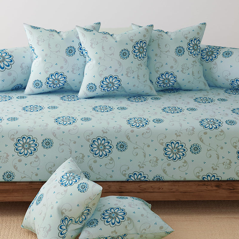 HOKIPO Cotton Feel Brushed Microfiber 145 GSM Printed 8 Pcs Diwan Set with 1 Bedsheet 60x90 Inches|2 Bolster Covers 20x27 Inches|5 Pillow Covers 16 Inches (D5-IN-778), Multicolor