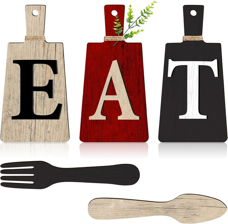 Jetec Cutting Board Eat Sign Set Hanging Art Kitchen Fork and Spoon Wall Decor Rustic Primitive Country Farmhouse for Home Decoration ()