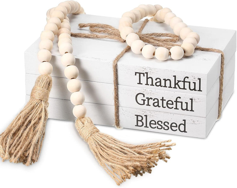 Jetec 3 Pcs Decorative White Faux Books for Home Decor - Farmhouse Stacked Display With Wood Bead Tassels for Coffee Tables, 58 in (Thankful, Grateful, Blessed)