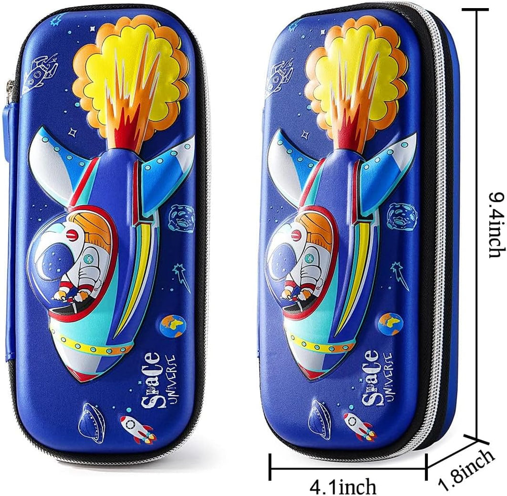 Pencil Case for Boys, 3D EVA Cartoon Space Storage Pouch Pen Holder, Pencil Case with Compartments for School Kids, Large-Capacity Storage Box, Children's Student Stationery Gift Box, Spaceship Blue