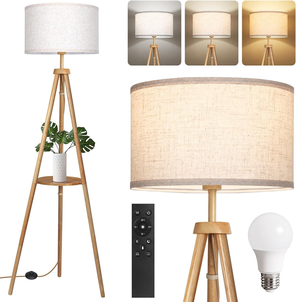 Wooden Tripod Floor Lamp with Shelf, 4 Colour temperatures Mid Century Dimmable Floor Lamp with Remote & Foot Switch, 1H Timer Modern Tall Standing Lamp for Living Room Bedroom Office, Walnut
