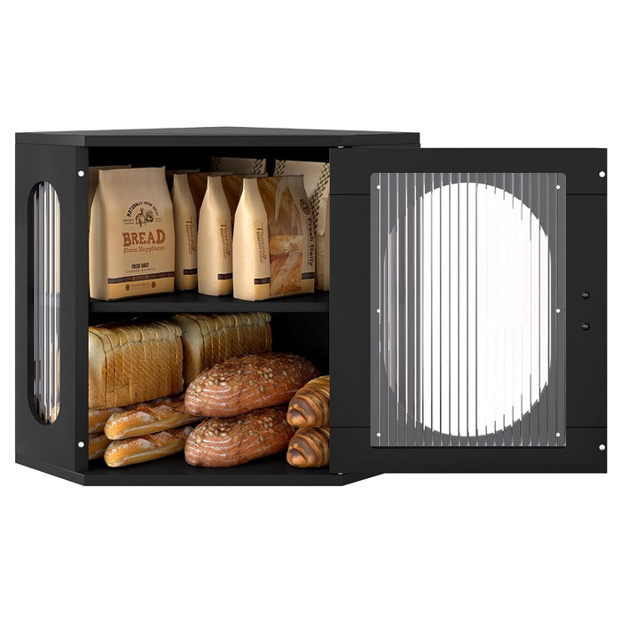 Alpeir Corner Bread Box, Solid Wood Double Layer Adjustable Large Capacity, Farmhouse Vintage Kitchen Countertop Organizer with Acrylic Window, Black