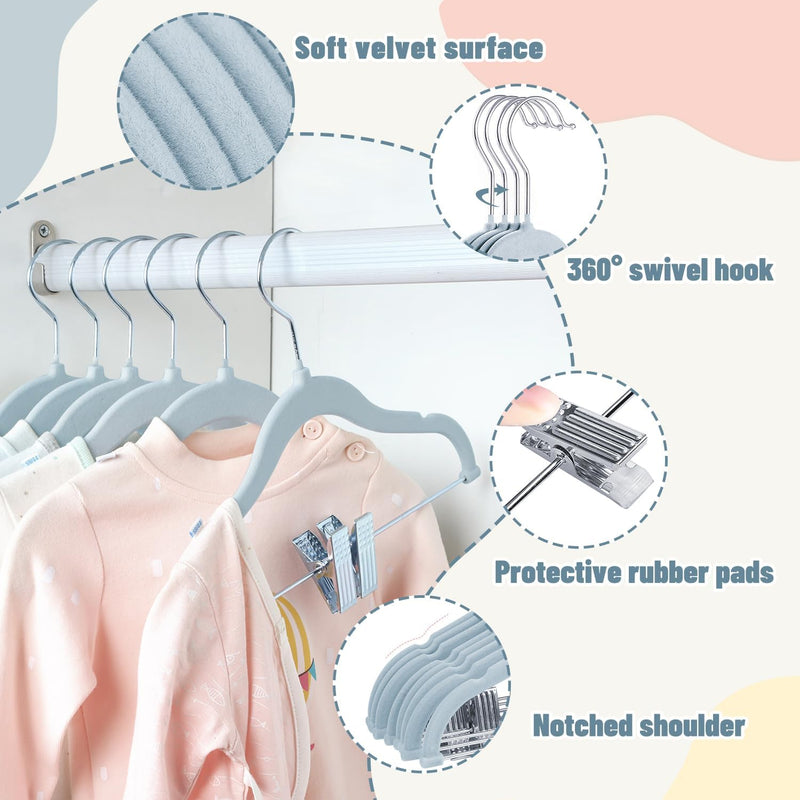 ManGotree 11.8'' Baby Velvet Hangers with Movable Clips, Non-Slip Kids Felt Hangers, Ultra-Thin Space-Saving Children's Clothes Hangers for Skirts, Pants, Dresses, Shirts, Jackets (7 Pack, Blue)