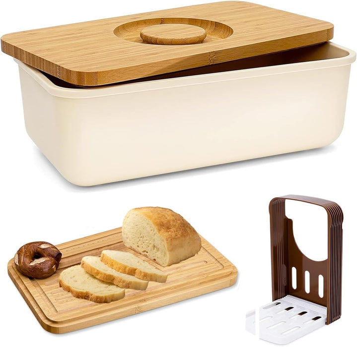 Bread Box, Large Bread Storage Container With Bamboo Wood Cutting Board Lid & Bread Slicer Holder, Rectangular Cream Color Bread Container, For Kitchen Countertop