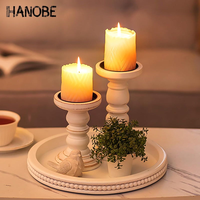 Hanobe Decorative Serving Tray Wood: White Washed Bead Round Tray Decor for Coffee Table Rustic Wooden Trays Farmhouse Centerpiece for Living Room Kitchen Counter