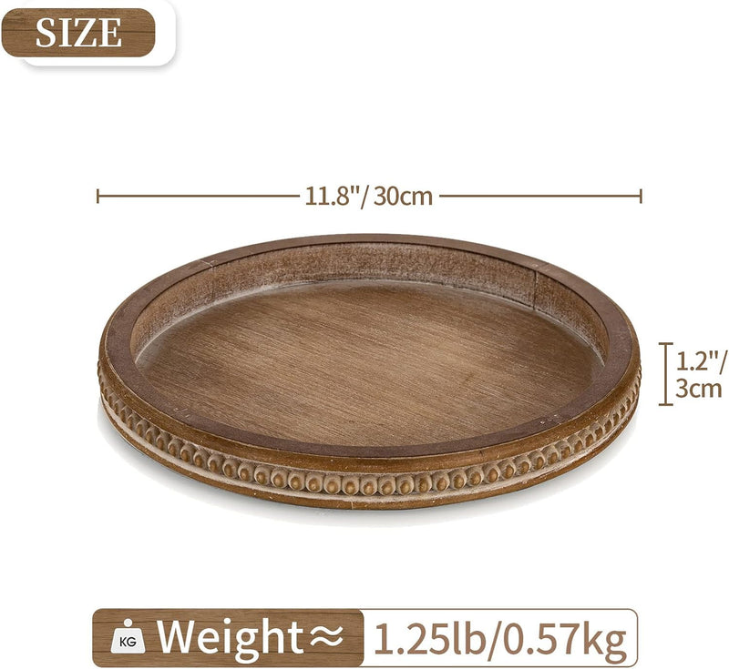 Hanobe Decorative Serving Tray Wood: White Washed Bead Round Tray Decor for Coffee Table Rustic Wooden Trays Farmhouse Centerpiece for Living Room Kitchen Counter