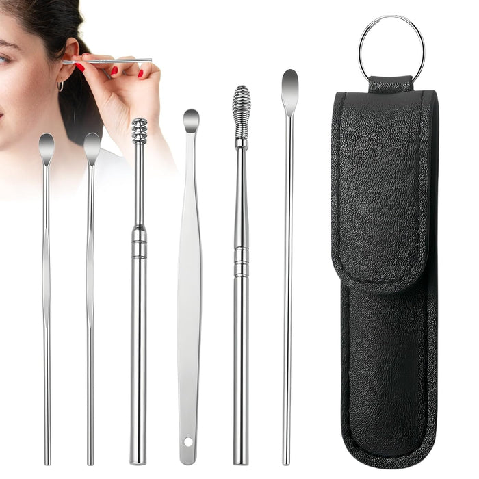 6 In 1 Ear Cleansing Tool Set, Ear Wax Removal Kit, Ear Pick, Stainless Steel, Spiral Design, Reusable with Storage Box, Safely, Gently, Ear Cleaner for Kids and Adults, Ear Wax Buildup (Black)