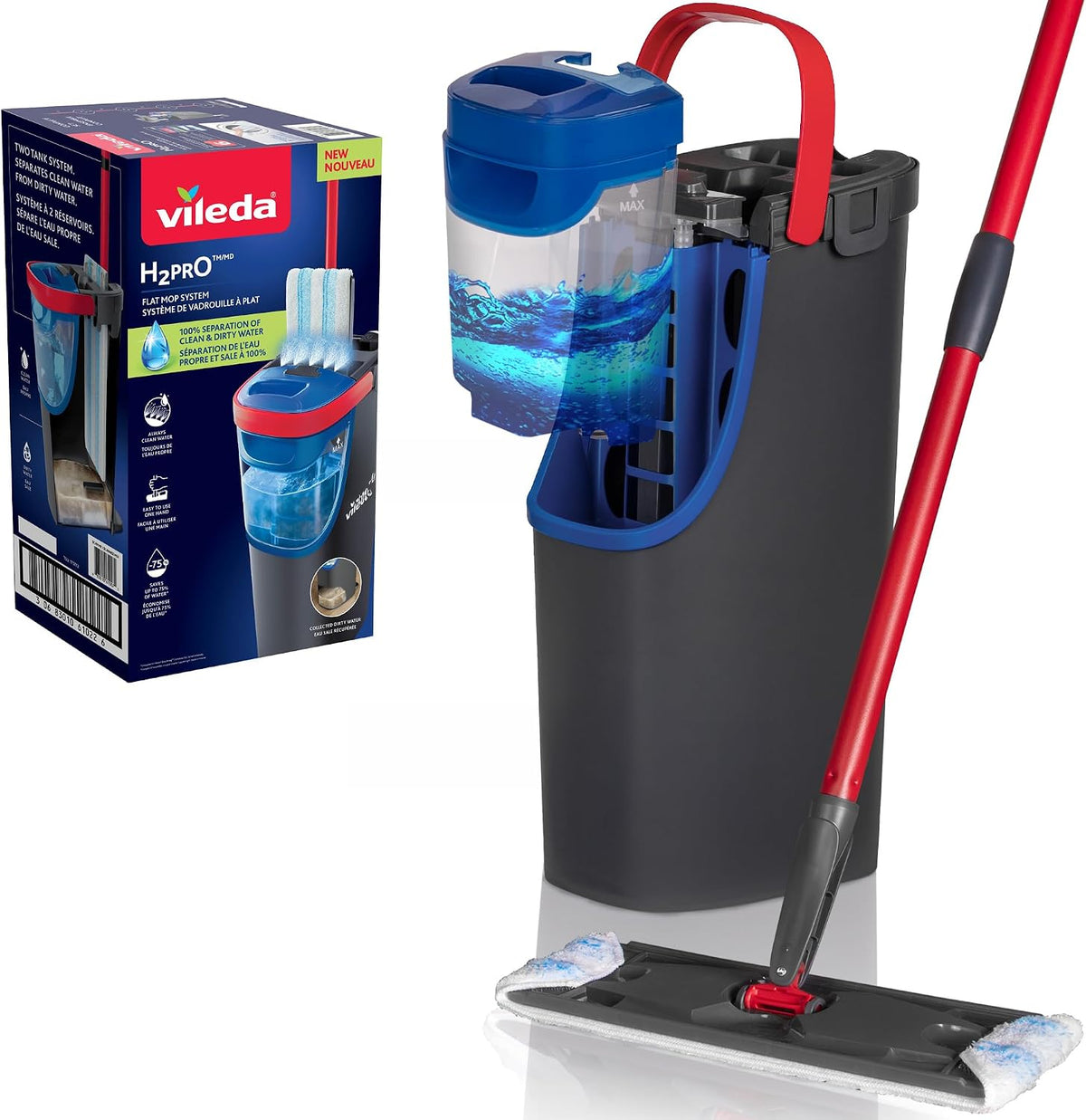 H2PrO Floor Mop 100% Separation of Fresh and Dirty Water Water-Saving Design One-Handed Operation Compact Storage Ergonomic Handle Microfibre Comfort Pack – image 1