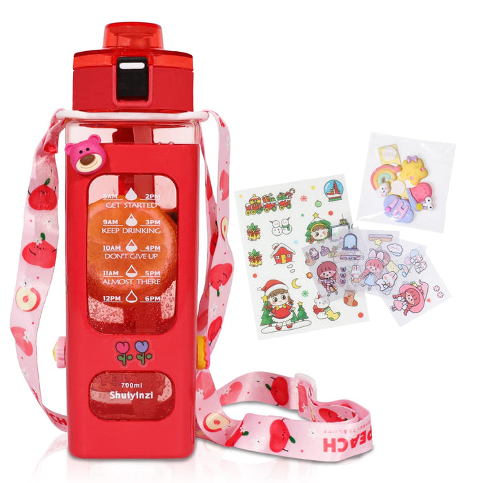 fufeisi Kawaii Water Bottle for Girls,Cute Kids Water Bottles with Straw,700ml Portable LeakProof Water Bottles With Adjustable Shoulder Strap for School(Red)…