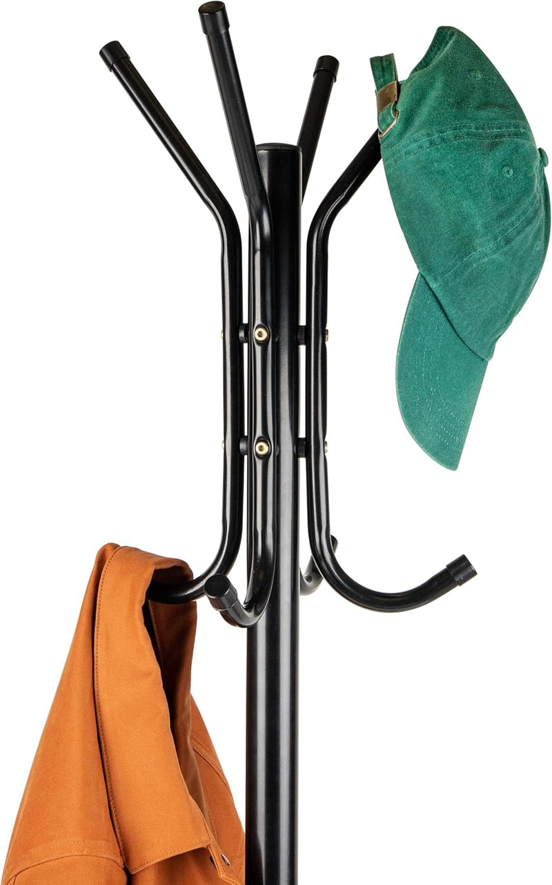 Mind Reader COATRACK11 Standing Metal Coat Rack Hat Hanger 11 Hook for Jacket, Purse, Scarf Rack, Umbrella Tree Stand, Black