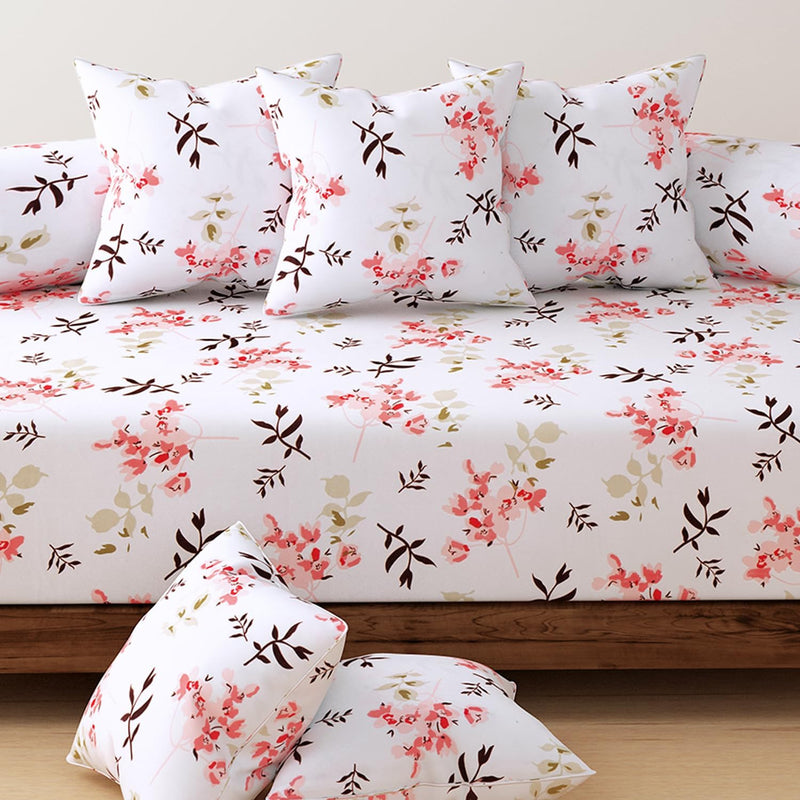 HOKIPO Cotton Feel Brushed Microfiber 145 GSM Printed 8 Pcs Diwan Set with 1 Bedsheet 60x90 Inches|2 Bolster Covers 20x27 Inches|5 Pillow Covers 16 Inches (D5-IN-778), Multicolor