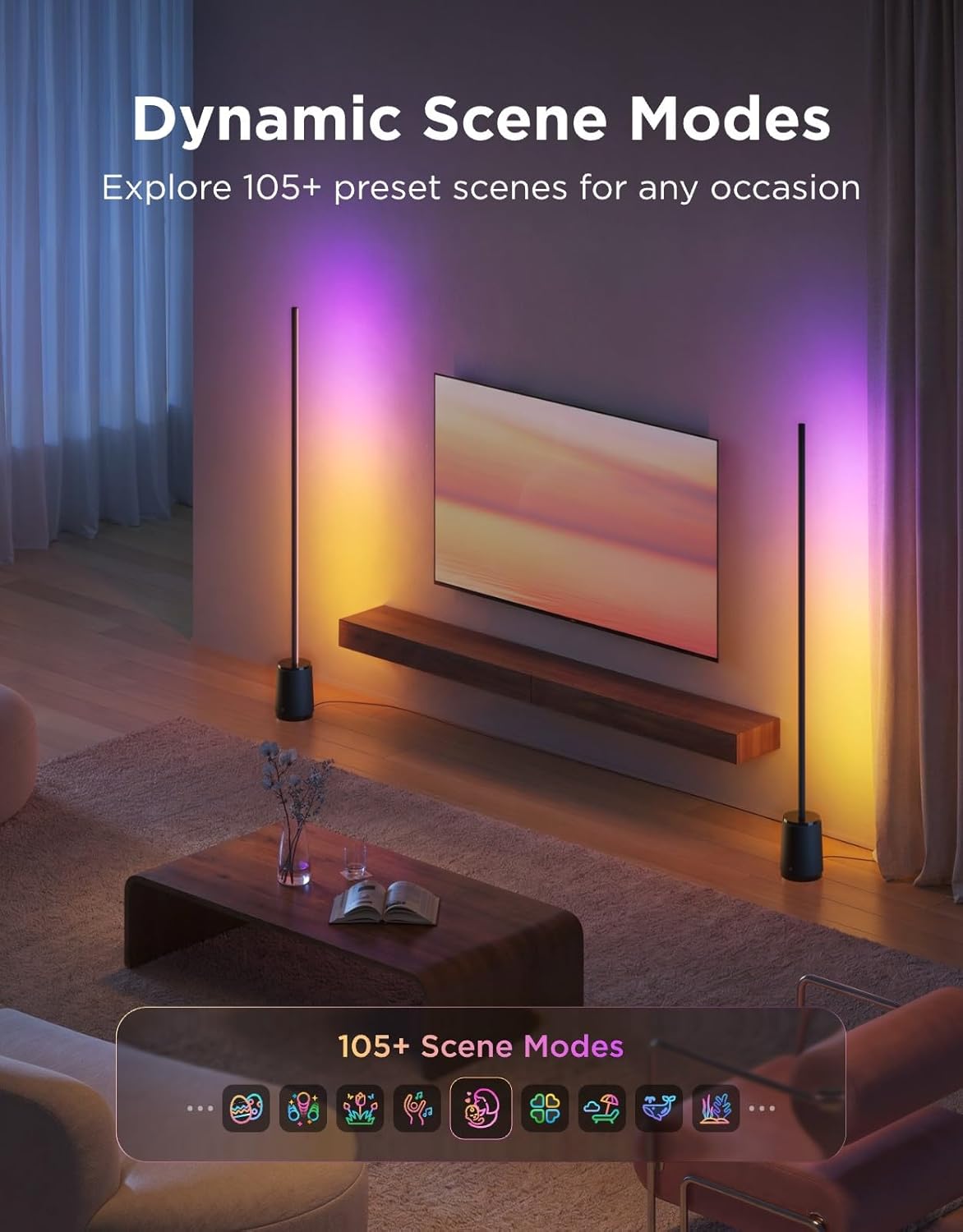 LED Floor Lamp 3 Lite RGBICWW, 1400lm Smart Standing Lamp 152cm 2700-6500K, 105+Scene, AI Bot 2.0, DIY, Music Sync, Work with Alexa Matter, Black, Corner Floor Lamp for Bedroom Living Room – image 4