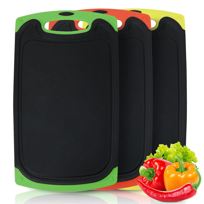 Chopping Board Set of 3, BPA Free Kitchen Thick Plastic Cutting Boards, Large Chopping Boards with Non-Slip Rubber Feet & Deep Juice Groove & Hanging Hole Storage for Cutting Different Types of Food