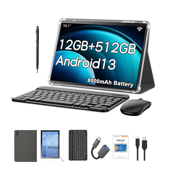 Crelander 10.1 Inch Android 13 Tablet with SIM Card Slot 4G LTE Calling,12GB, 8000mAh Battery, Dual Camera, Bluetooth/WiFi, Bundle with Case, Keyboard, Mouse & Stylus (Grey Black)