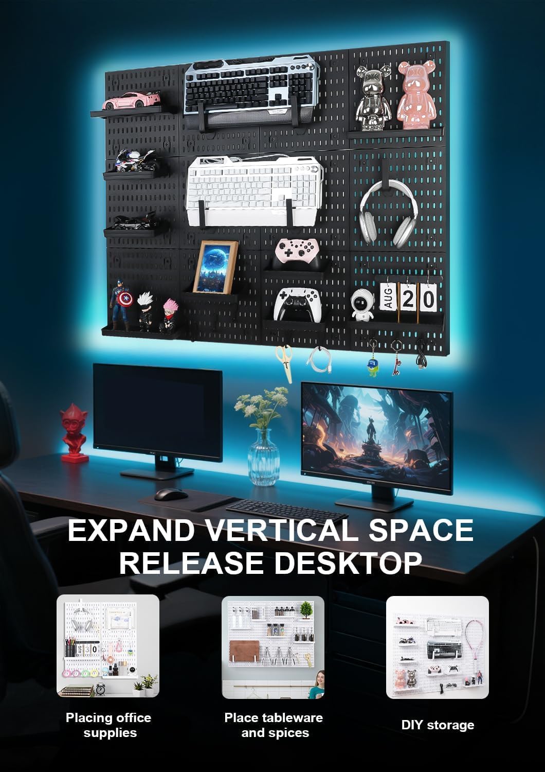 SKY-TOUCH Modular Pegboard Wall Organizer Kit - 2 Pegboards, 10 Accessories, No Drill Installation, Space-Saving Storage & Display for Kitchen, Office, Bathroom (Black) – image 6