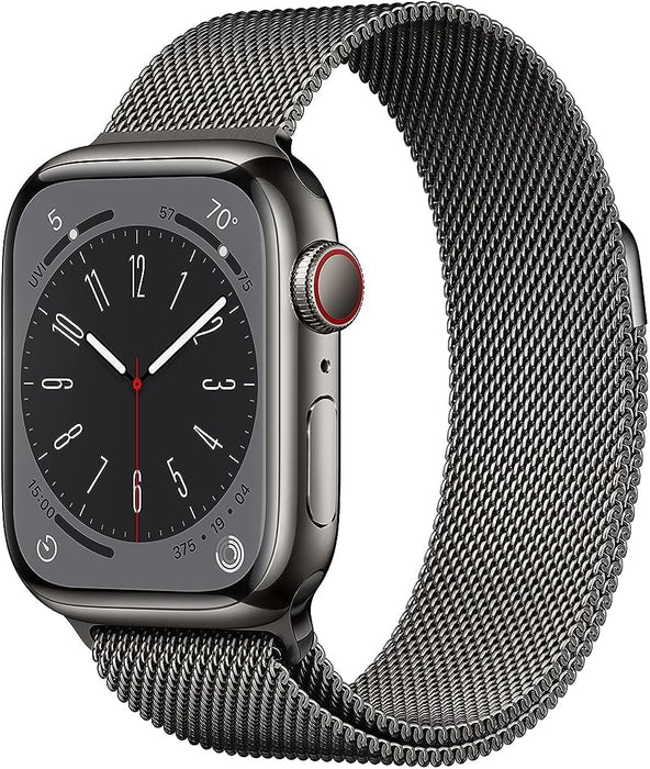 Apple New Apple Watch Series 8 (GPS + Cellular 45mm) Smart watch - Silver Stainless Steel Case with White Sport Band - Regular. Fitness Tracker, Blood Oxygen & ECG Apps, Water Resistant (Renewed)