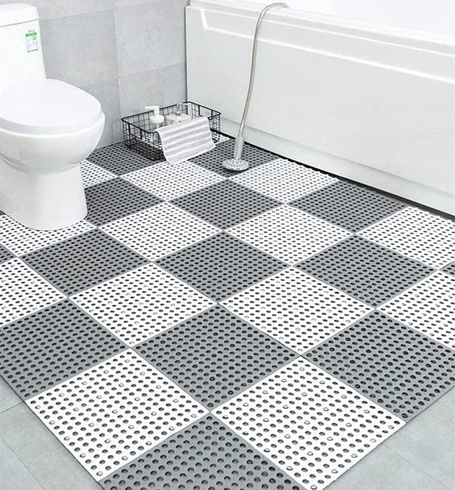 12PCS Bath Mat Non Slip Shower Mat Bathroom Mats Bathroom Rugs Interlocking Soft Floor Mats DIY Floor Mat with Drain Holes for Home Kitchen Bathroom Shower Pool Balcony (Ordinary 6pcs Gray+6pcs White)