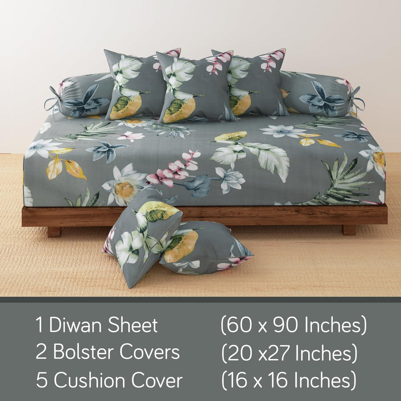 HOKIPO Cotton Feel Brushed Microfiber 145 GSM Printed 8 Pcs Diwan Set with 1 Bedsheet 60x90 Inches|2 Bolster Covers 20x27 Inches|5 Pillow Covers 16 Inches (D5-IN-778), Multicolor