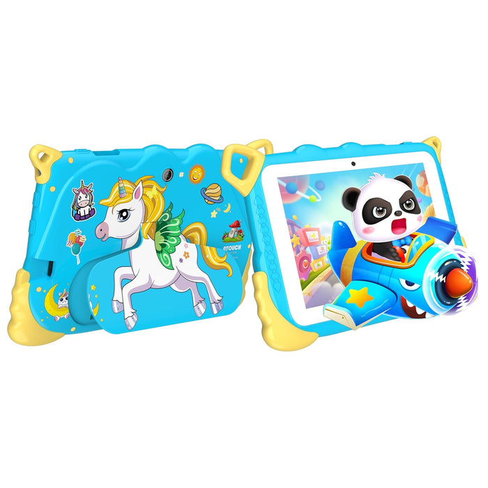 ATOUCH Android Tablet For Kids, Q38 Lite 7-Inch Screen Early Education Smart Kids Tablet Anti-drop Silicone Edge Wi-Fi, Bluetooth, Games with Built-in Stand and Stationary Set (Blue)