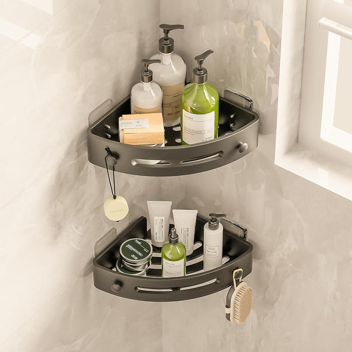 Baytion Bathroom Shelf, 2 Pack Bathroom Organizers and Storage, Thickened ABS Plastic Bathroom Organizer Corner with Super Adhesives, No Drilling, Multifunctional Corner Shower Caddy (Black)