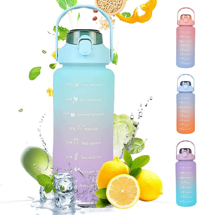 AIMBIGG 2L Water Bottle with Straw 64 Oz Motivational Sports Water Bottle with Time Capacity Marker BPA Free Big Large Gym Cycling Water Bottle Cup Jug for Kids School Outdoor Fitness (Aqua Lilac)