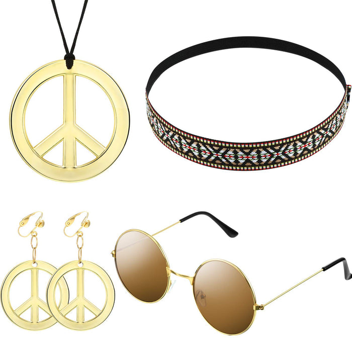 KASTWAVE Hippie Costume Set for Women Kit Includes Sunglasses, Peace Sign Necklace and Peace Sign Earring, Bohemia Headband for 60s 70s Party Accessories