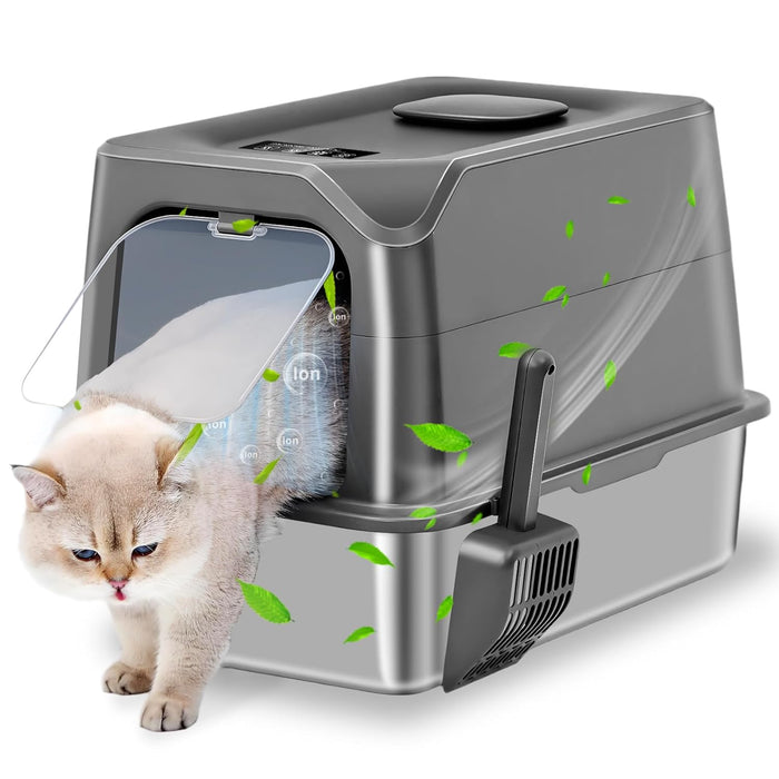 Angju Stainless Steel Cat Litter Box with Lid, Extra Large Cat Litter Box with Plasma Deodorizing for Eliminating 99% Odor, Enclosed Cat Litter Boxes, Metal Covered Litter Box, Anti-Urine Leakage
