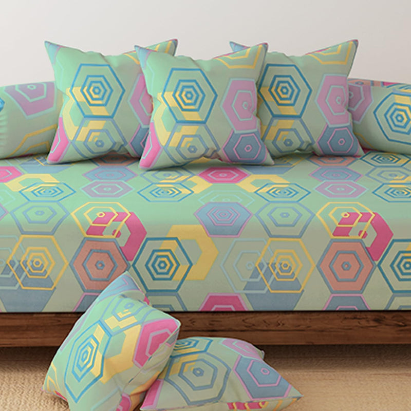 HOKIPO Cotton Feel Brushed Microfiber 145 GSM Printed 8 Pcs Diwan Set with 1 Bedsheet 60x90 Inches|2 Bolster Covers 20x27 Inches|5 Pillow Covers 16 Inches (D5-IN-778), Multicolor