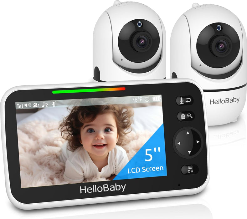 HelloBaby Upgrade Monitor, 5''Sreen with 30-Hour Battery, Pan-Tilt-Zoom Video Baby Monitor with Camera and Audio, Night Vision, VOX, 2-Way Talk, 8 Lullabies and 1000ft Range No WiFi, Ideal Gifts