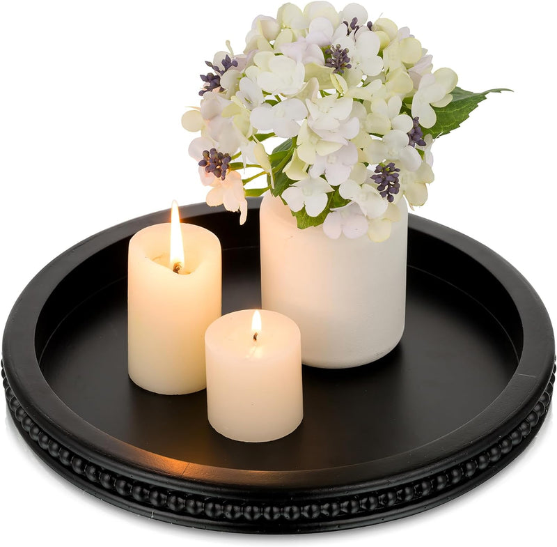 Hanobe Decorative Serving Tray Wood: White Washed Bead Round Tray Decor for Coffee Table Rustic Wooden Trays Farmhouse Centerpiece for Living Room Kitchen Counter