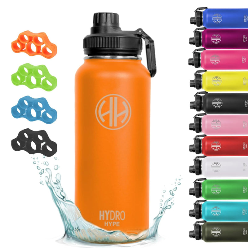 HYDRO HYPE Stainless Steel Water Bottle 1L,Double Wall Flask 32Oz,Thermos for Sports,Gym,Kids School,Home,Office,Vacuum Insulated,Water Bottle Combo 1 Silicon Finger Stretch Trainer(Tangy Orange)