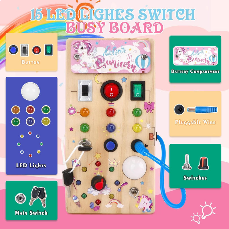 Hoarosall Montessori toys Clock Wooden Busy Board with 11 LED Light switches, Tooddler Toys Sensory Toys Travel Toys for 1+ Year Old Baby and Toddler