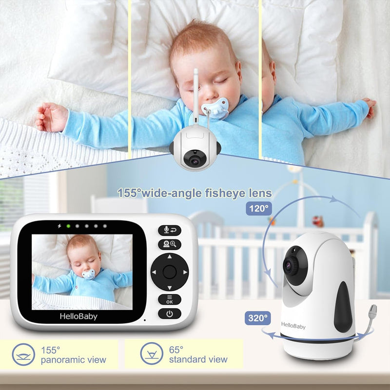 HelloBaby Baby Monitor Camera and Audio, 3.2 Inch Video Baby Monitor No WiFi,2-Way Talk, AUTO Night Vision, VOX Sound Activated Screen, Temperature Monitoring, 8 Lullabies and 1000ft Range,8 Languages