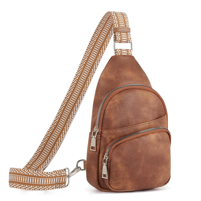 BIGTHREE Small Sling Bag for Women, Leather Fanny Pack Crossbody Bags for Women and Men, Chest Bag With Guitar Strap, PU Leather Crossbody Bags, Crossbody Fanny Pack Sling Bag for Hiking Running