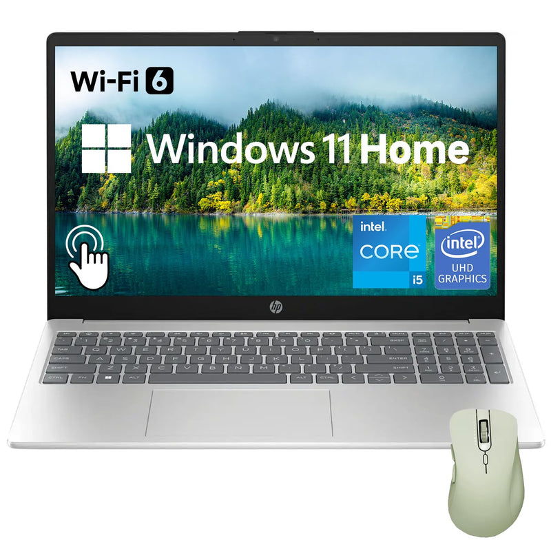 HP 15.6" HD Touchscreen Laptop, Intel Core i5-1235U, 16GB RAM, 1TB PCIe SSD, Webcam, HDMI, Numeric Keypad, Wi-Fi 6, Windows 11 Home, Silver, Bundle with Thunderobot ML101 Wireless Mouse