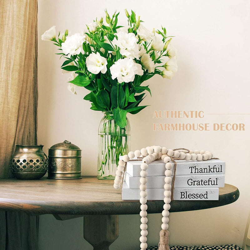 Jetec 3 Pcs Decorative White Faux Books for Home Decor - Farmhouse Stacked Display With Wood Bead Tassels for Coffee Tables, 58 in (Thankful, Grateful, Blessed)