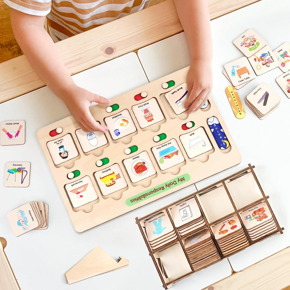 Wooden Visual Schedule for Kids Chore Chart, Morning Bedtime Routine Charts for Kids Toddlers, autism learning materials&Daily Schedule Board for home