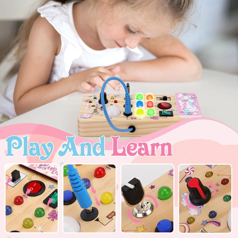 Hoarosall Montessori toys Clock Wooden Busy Board with 11 LED Light switches, Tooddler Toys Sensory Toys Travel Toys for 1+ Year Old Baby and Toddler