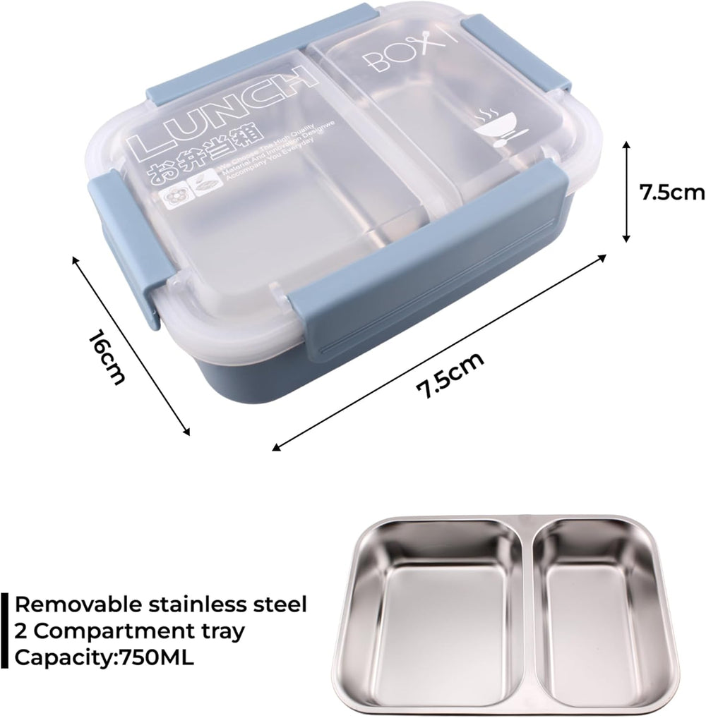 Stainless Steel Bento Lunch Box with 2 Compartments - Insulated, Leak Proof Bento Box for Kids, Adults Airtight Tiffin Lunchbox for Office, School (BLUE)