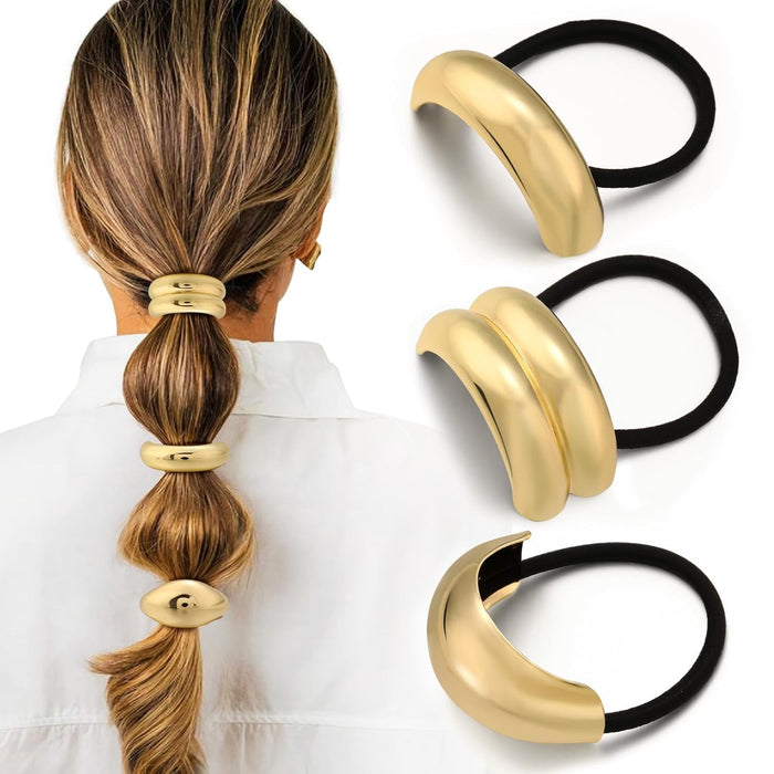 3PCS Metal Hair Ties, Elastic Gold Hair Ties for Think Hair, Elegant and Durable Geometric Design, Stretchy and Non-Damage, Gold Hair Accessories Ponytail Holders, 3 Styles in Box