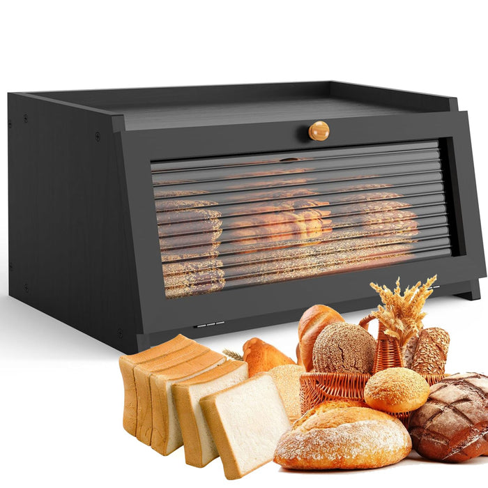 Bread Box for Kitchen Countertop Large Bread Box Farmhouse Bread Container Bread Storage with Window Bread Holder Black