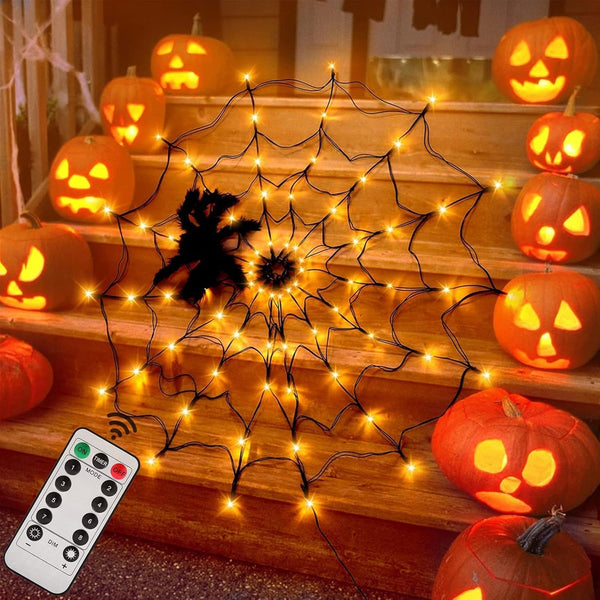 ORCHID MHalloween Decorations Spider Web Lights - 4FT Diameter 70 LEDs, 8 Modes Cobweb Halloween Decorations for House Garden Indoor Outdoor (Orange)
