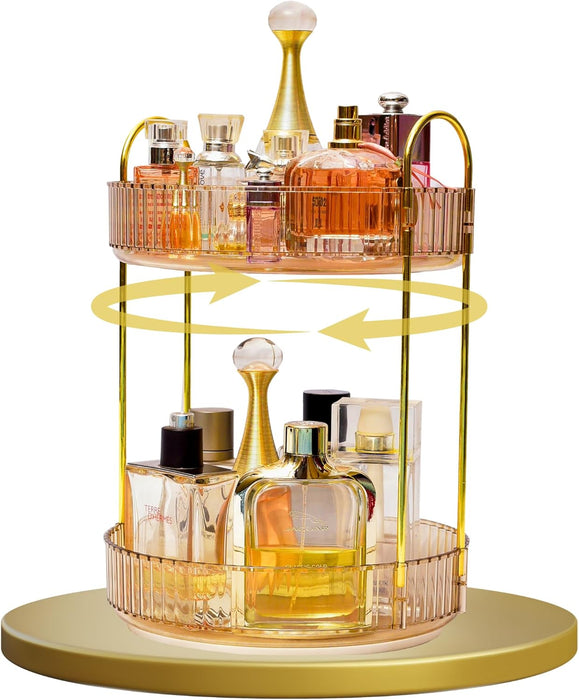 Sortify Perfume Organizer, Luxury Acrylic Perfume Stand, Lazy Susan 360° Rotating Makeup Organizer & Skincare Rack, Showcase Your Cologne Collection with 2 Tier Perfume Tray 32x23x23cm (Gold)