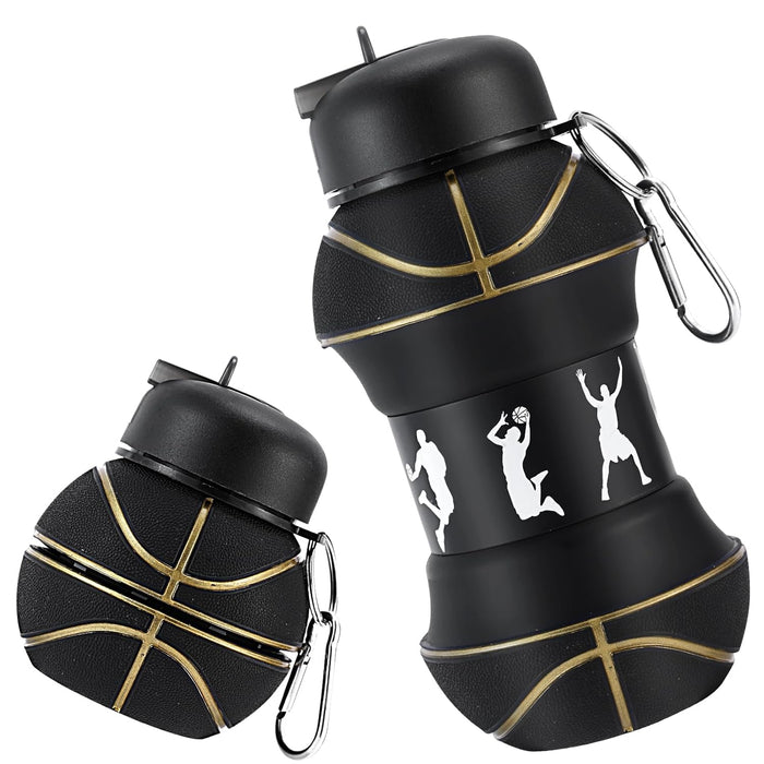 Kids Sports Collapsible Water Bottle for outdoor activities School, Sports, BPA-Free, Leakproof - 550ml/18.6oz, Basketball Black