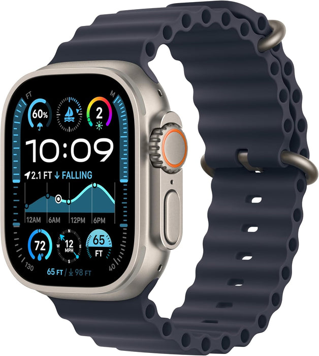 Apple Watch Ultra 2 GPS + Cellular 49mm Smartwatch, Sports Watch with Natural Rugged Titanium Case with Navy Ocean Band. Fitness Tracker, Precision GPS, Extra-Long Battery Life (Renewed)
