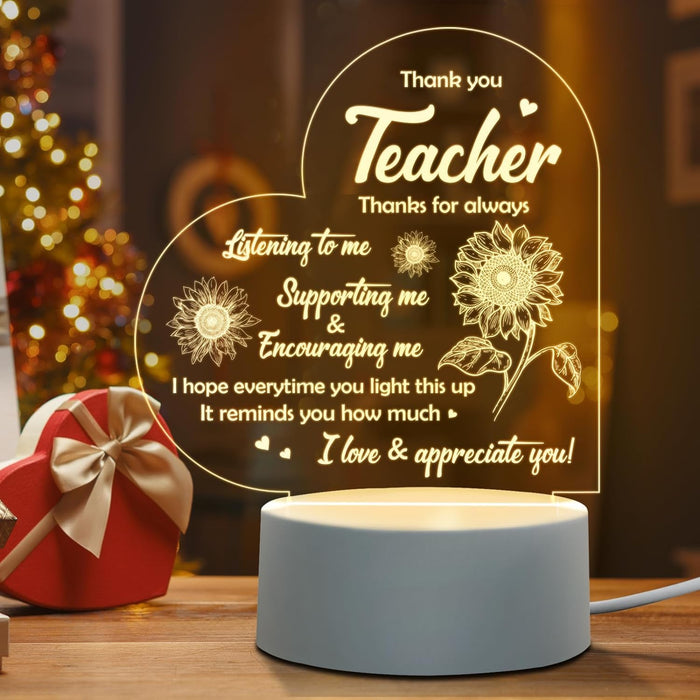 Joyzzz Engraved Night Light, LED Acrylic Night Light for Teacher with Creative Blessing, Low Power USB Teacher Appreciation Gifts with Button Control, Thank You Gifts for Teachers from Student