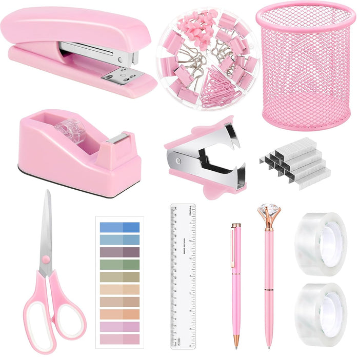 auroray 13 in 1 Pink Office Supplies, Pink Desk Accessories for Women with Stapler,Tape Dispenser,1000 Staples,Pen Holder,Staple Remover,Clips,Ruler,Scissors, Tabs,Tape,Ballpoint Pen